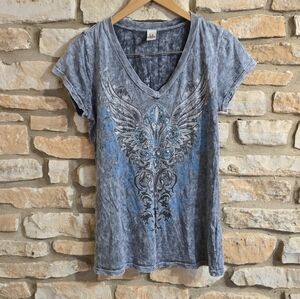 Vintage Y2K L.A. Teez Acid Wash Rhinestone Embellished V-neck Top. Size Large